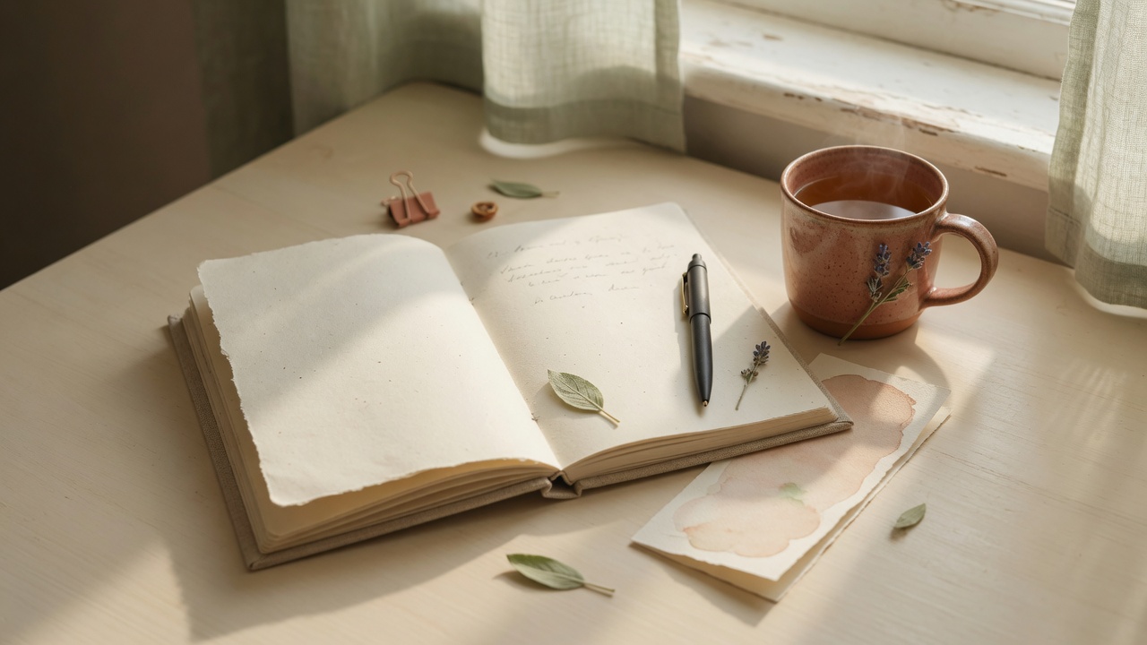 Quiet morning journaling with soft warm light